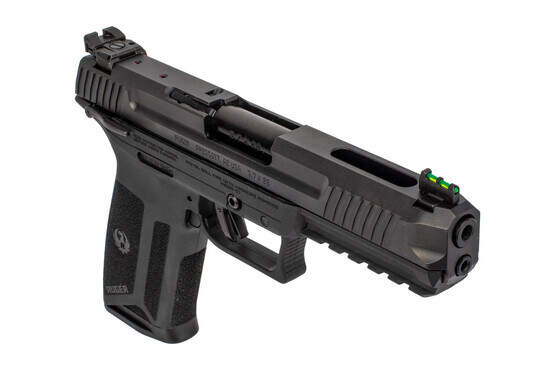 Ruger-57 Handgun is compatible with red dot adapter plates and has a fiber optic front sight